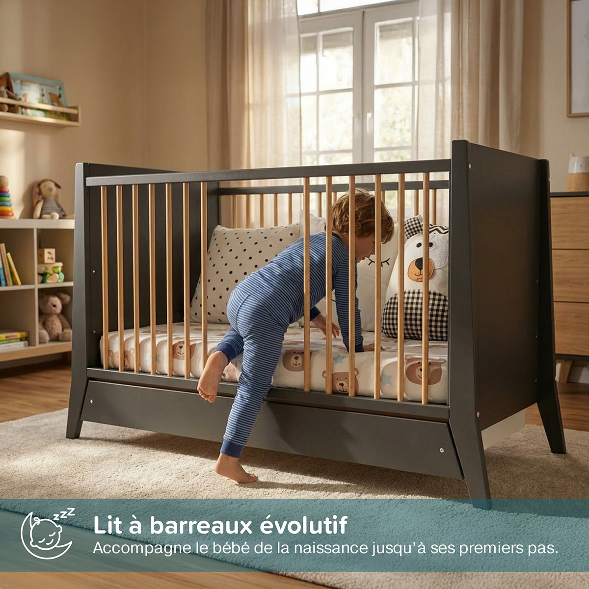 Lit Evolutif Timéo à barreaux 60 x 120 cm, Gris & Bois, En Bois, 3 Hauteurs, Tiroir intégré, Barreaux amovibles