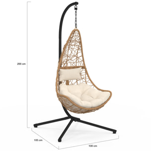 Fauteuil suspendu effet rotin et coussin écru