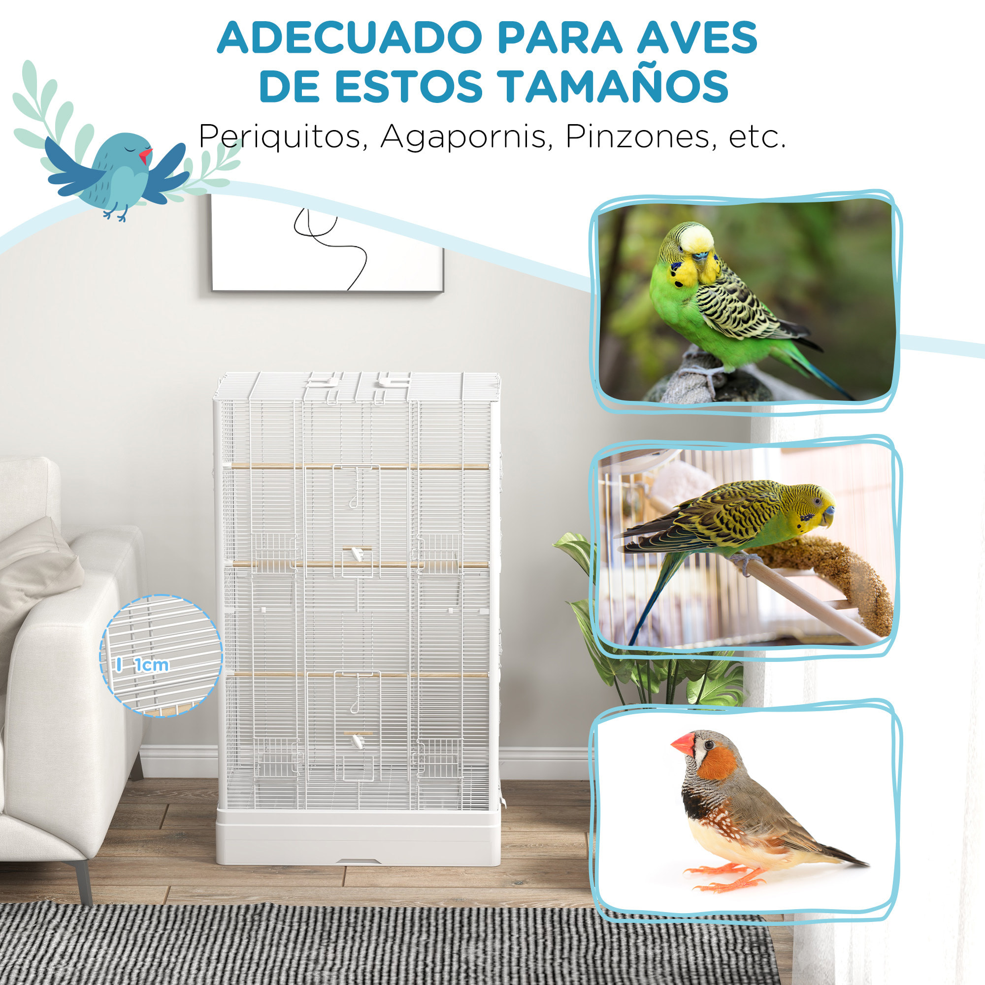 Jaula para Pájaros 61x36,5x98 cm Pajarera con Puertas Perchas Bandeja Extraíble Cajas de Comidas y Asas Jaula para Ninfas Periquitos Pinzones Canarios Blanco