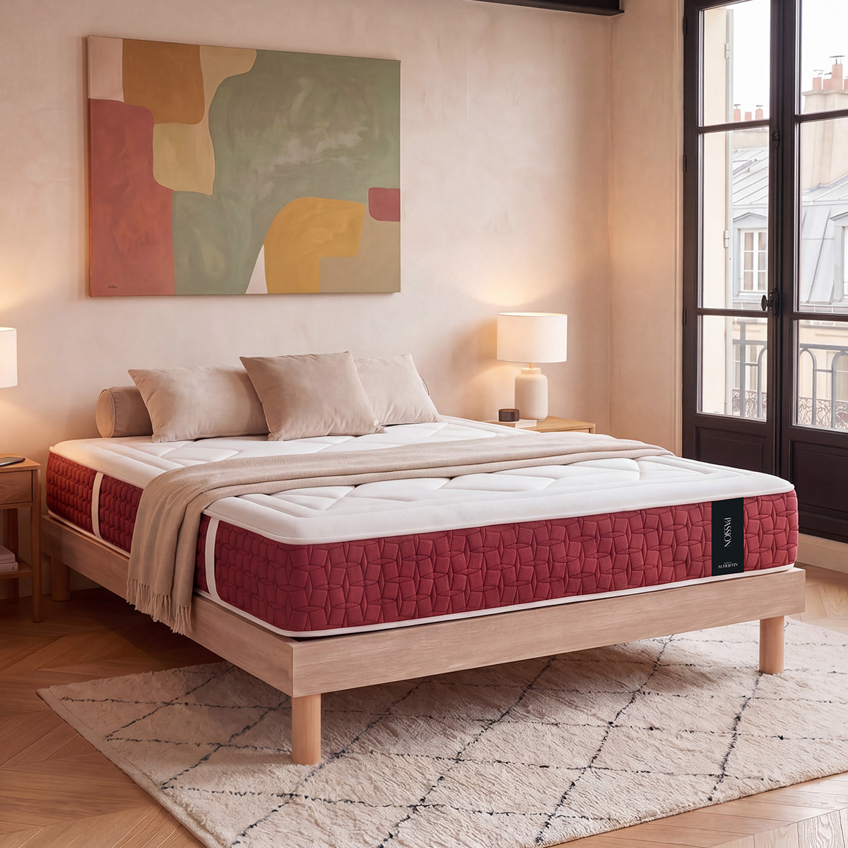Ensemble Matelas Hybride Passion & Sommier Kit Bois, Ressorts Ensachés & Mémoire de Forme, 32 cm, Accueil Moelleux, Soutien Ferme