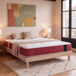 Ensemble Matelas Hybride Passion & Sommier Kit Bois, Ressorts Ensachés & Mémoire de Forme, 32 cm, Accueil Moelleux, Soutien Ferme