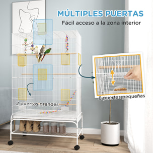Jaula para Pájaros con Ruedas Jaula Grande con Soporte Pajarera con Bandeja Extraíble Puertas Comederos Perchas Juguetes y Estante Inferior para Canarios Periquitos 79x49x133 cm Blanco