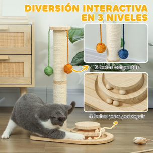 Poste Rascador para Gatos Altura 56,5 cm, Rascador para Gatos con 3 Bolas Colgantes, Juguete de Pelota de Pista y Poste de Sisal, Madera Natural