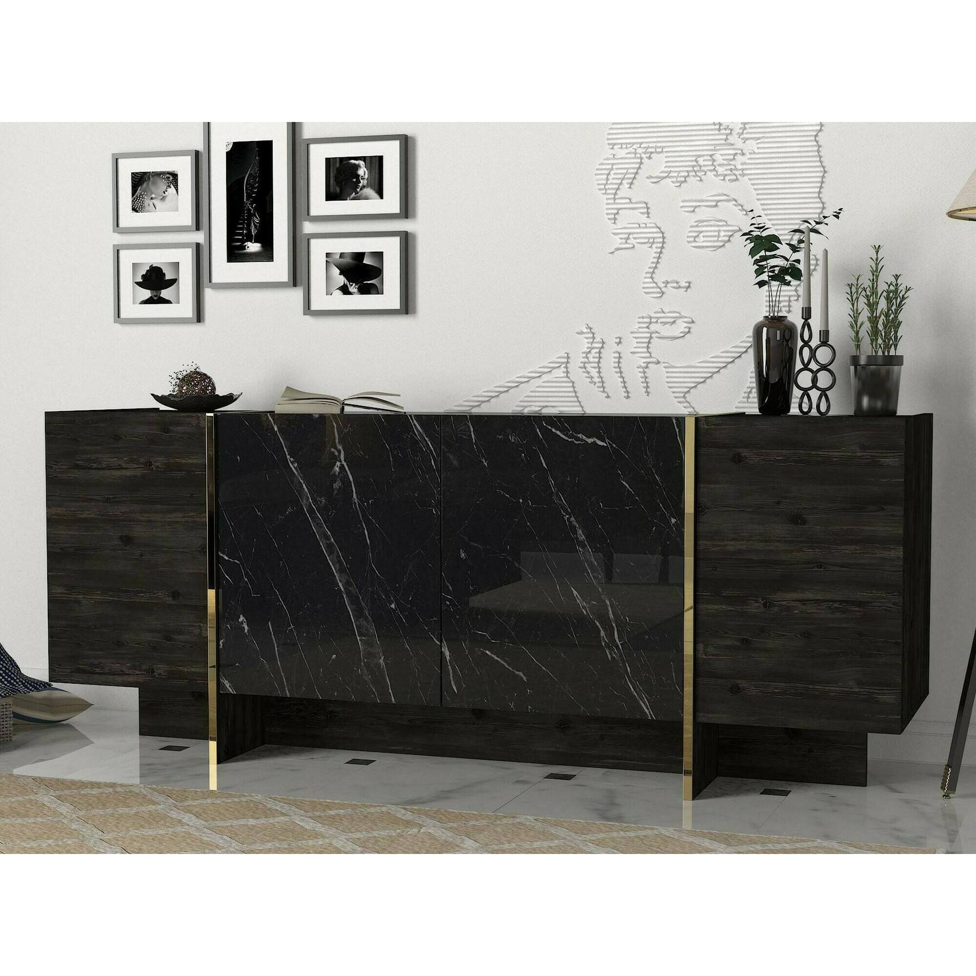 Credenza Dpazzagl, Buffet da soggiorno, Madia da salotto, Dispensa da cucina, 180x47h76 cm, Nero e Oro