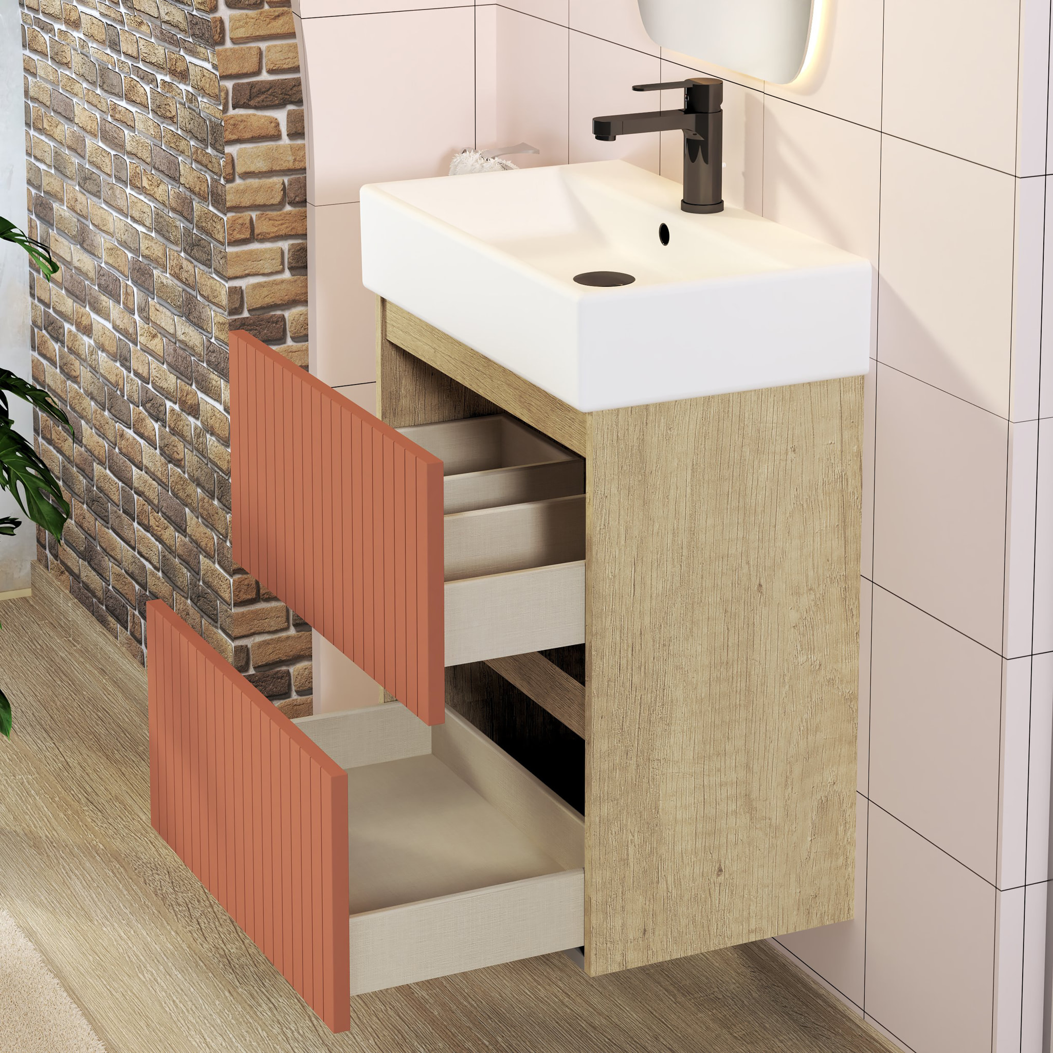 Conjunto de Baño Zel | Mueble Suspendido | 60 cm Scarlato | Dos Cajones | Lavabo Encastrado | No incluye Espejo | Mueble Montado| Alday