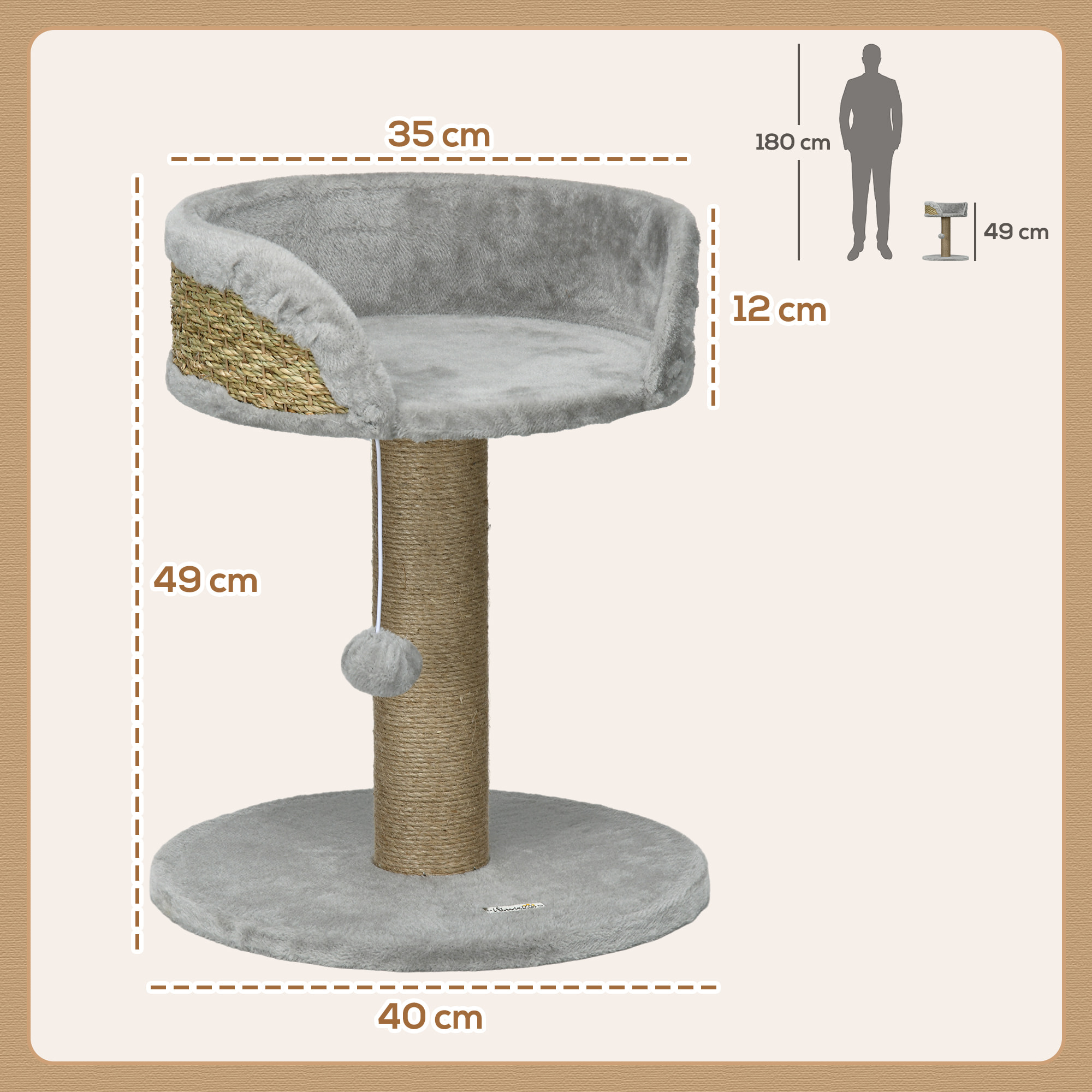Arbre à chat griffoir 2 niveaux H. 49 cm - poteau sisal, plateforme observation, jeu de boule suspendue - jute polyester gris