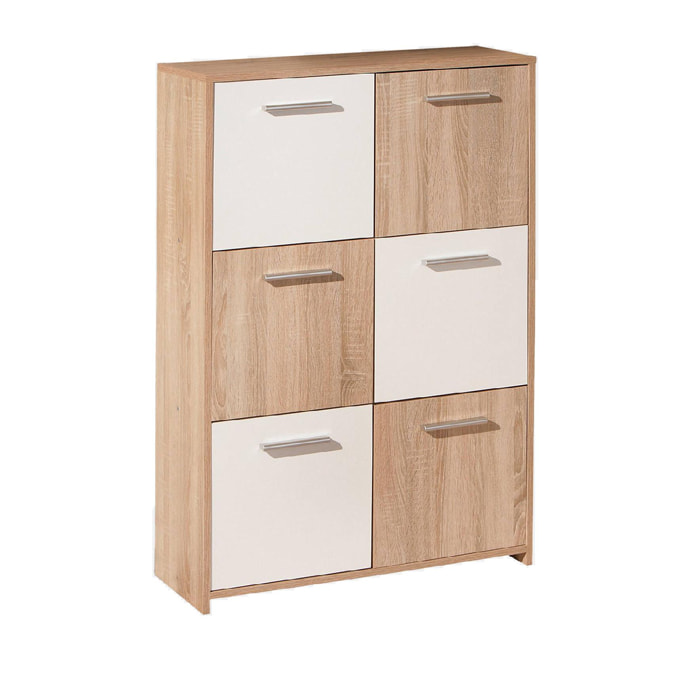 Credenza a sei antine, colore bianco e rovere, Misure 77 x 115 x 30 cm