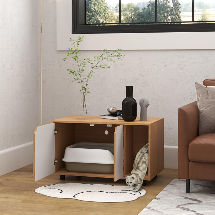Maison de toilette pour chat style scandinave - meuble cache litière - portes, aérations, tapis de fuite - naturel blanc