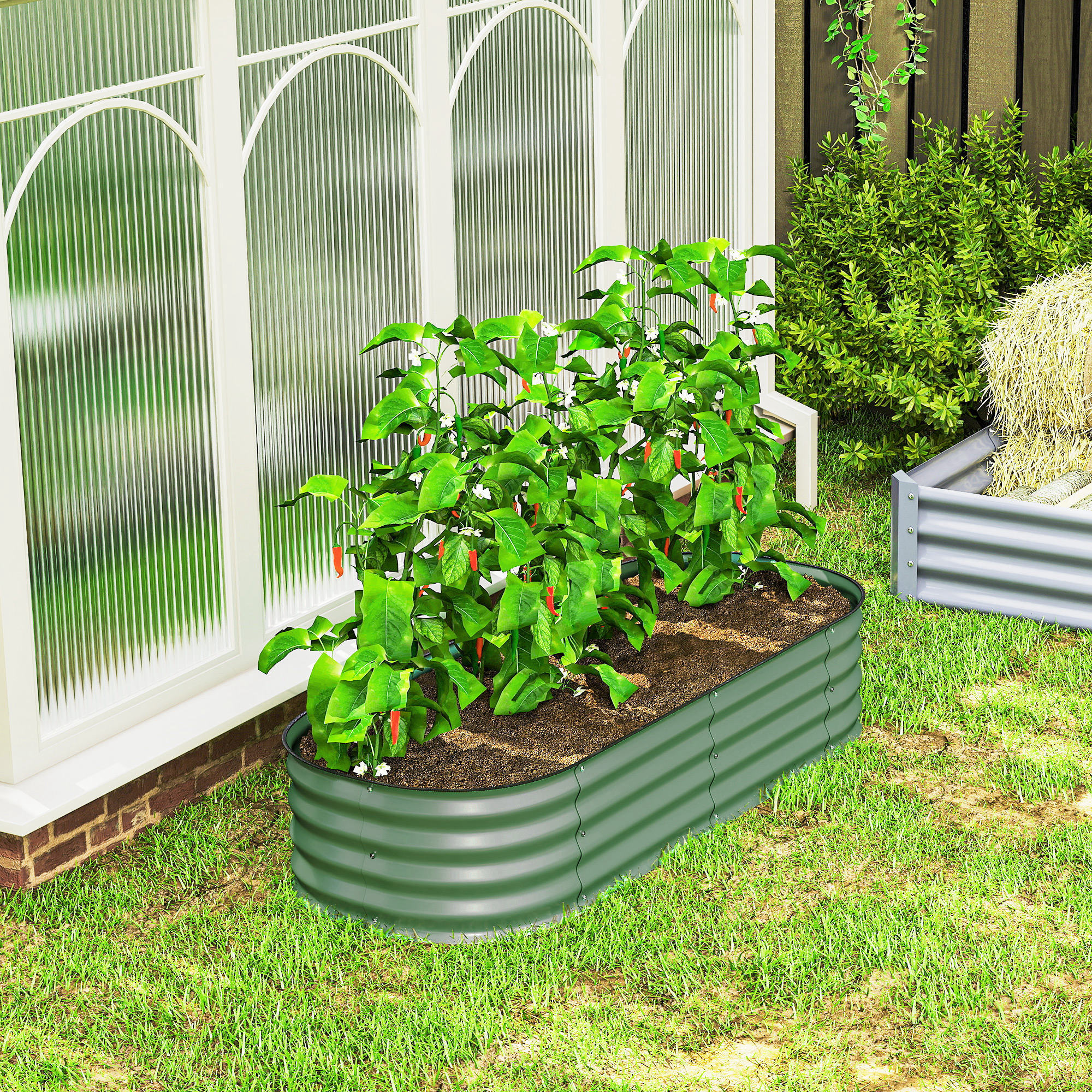 Jardinera Exterior Grande de Acero Galvanizado, Huerto Urbano para Cultivar Plantas, Macetero Exterior con Bordes de Seguridad, Fácil Montaje, Resistente a la Intemperie, 150x62x30 cm, Verde