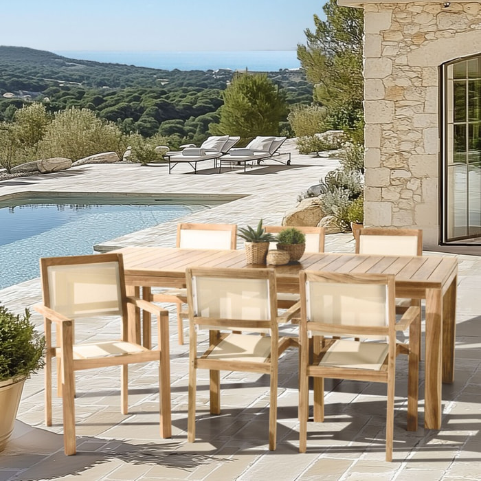 FUN - Ensemble de jardin en bois teck et textilène 8/10 personnes