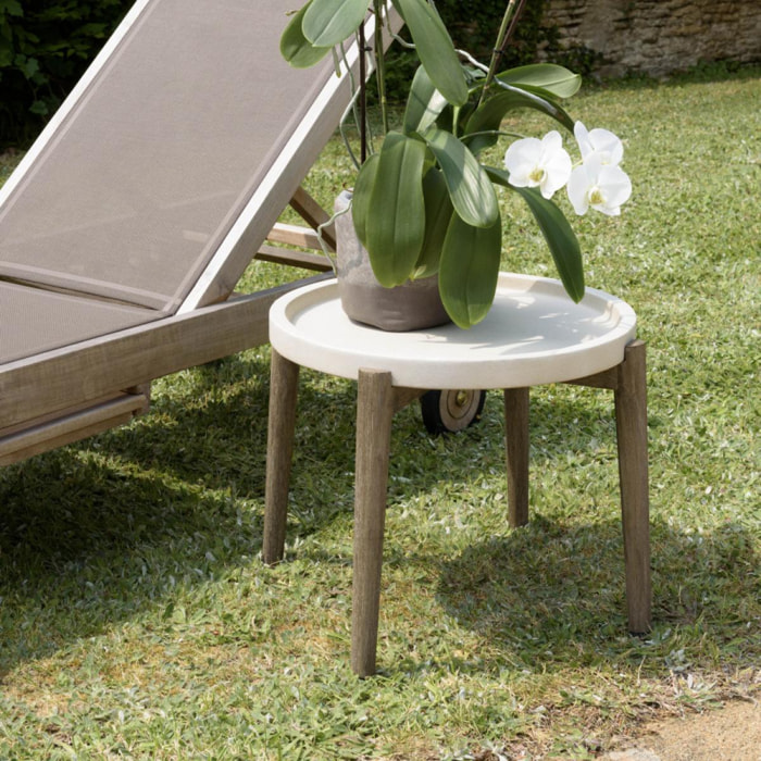 HANS - Table d'appoint ronde 50x50cm plateau béton beige pieds acacia