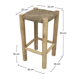 Tabouret pour îlot central 65 cm en jonc de mer et teck - Jovan