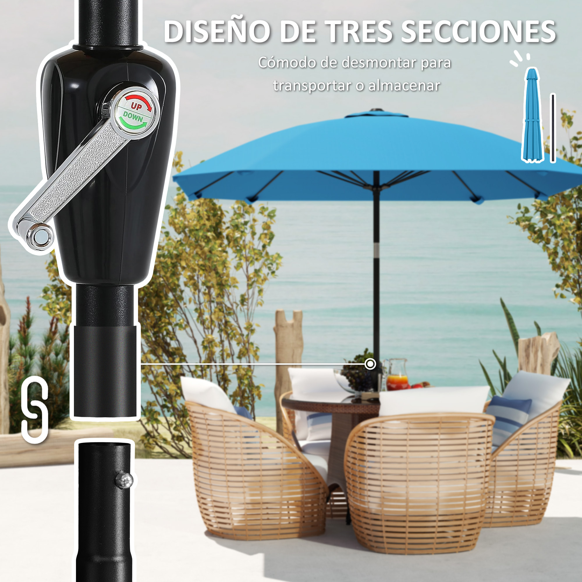 Sombrilla Terraza Exterior 233x233 cm Sombrilla de Jardín con Ángulo Ajustable Impermeable Poste de Aluminio Varillas de Fibra de Vidrio y Manivela Parasol para Patio Terraza Azul