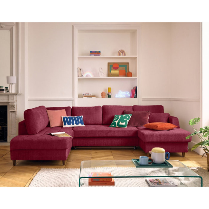 Anna - canapé panoramique d'angle gauche 7 places convertible avec coffre en velours texturé - Prune