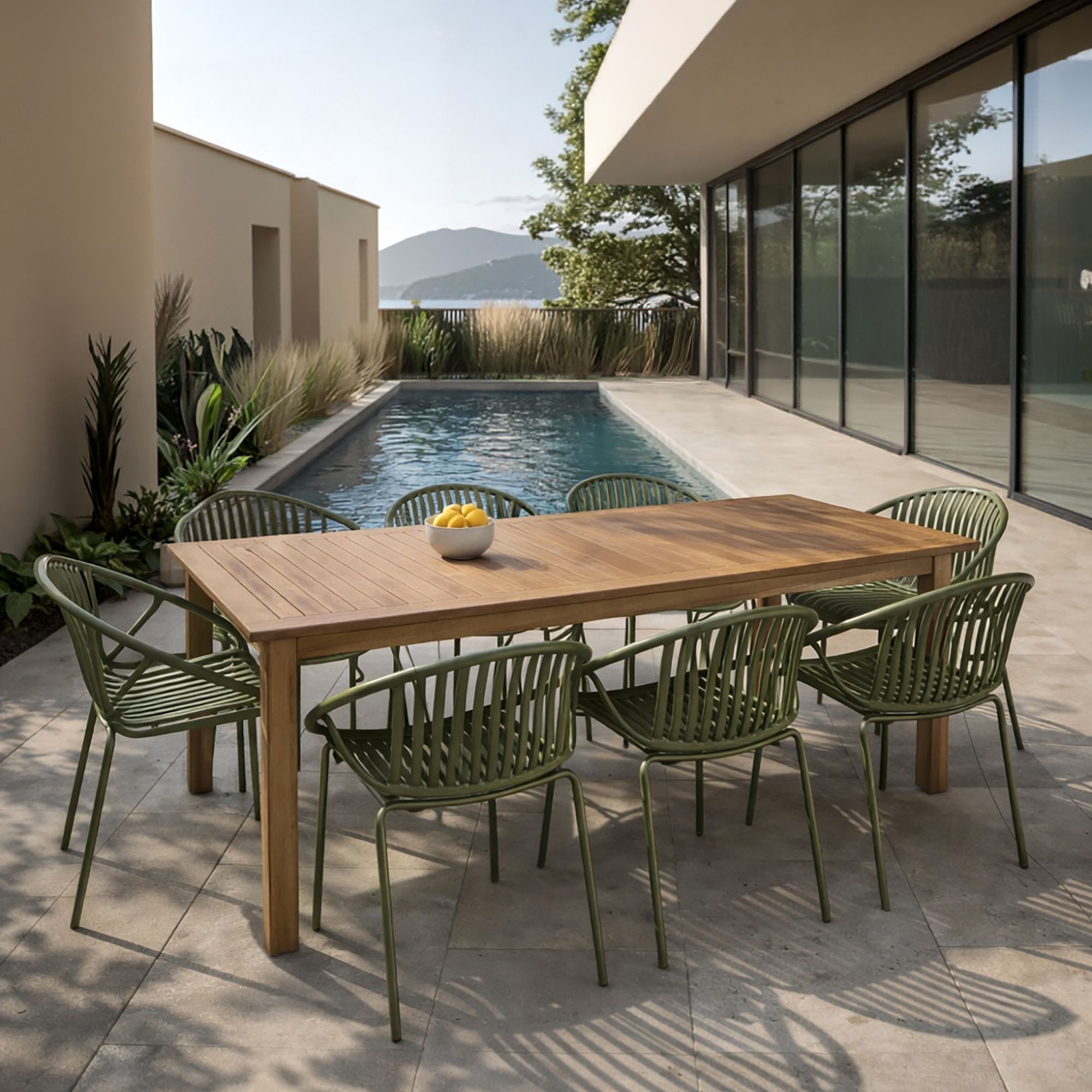 Ensemble table en bois d'acacia et 8 fauteuils de jardin vert CALYPSO