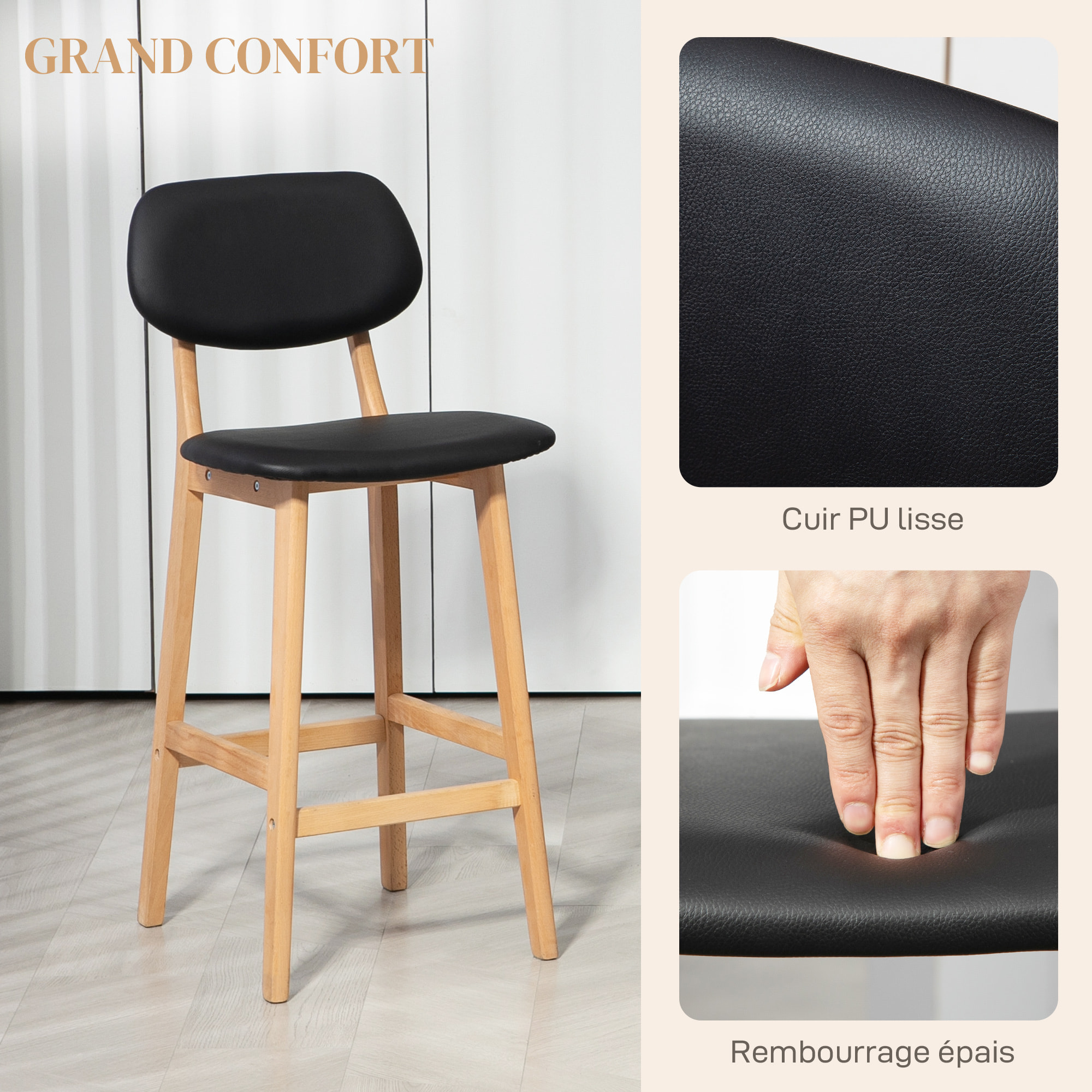 Lot de 2 tabourets de bar style néo-rétro structure piètement bois assise dossier PU noir