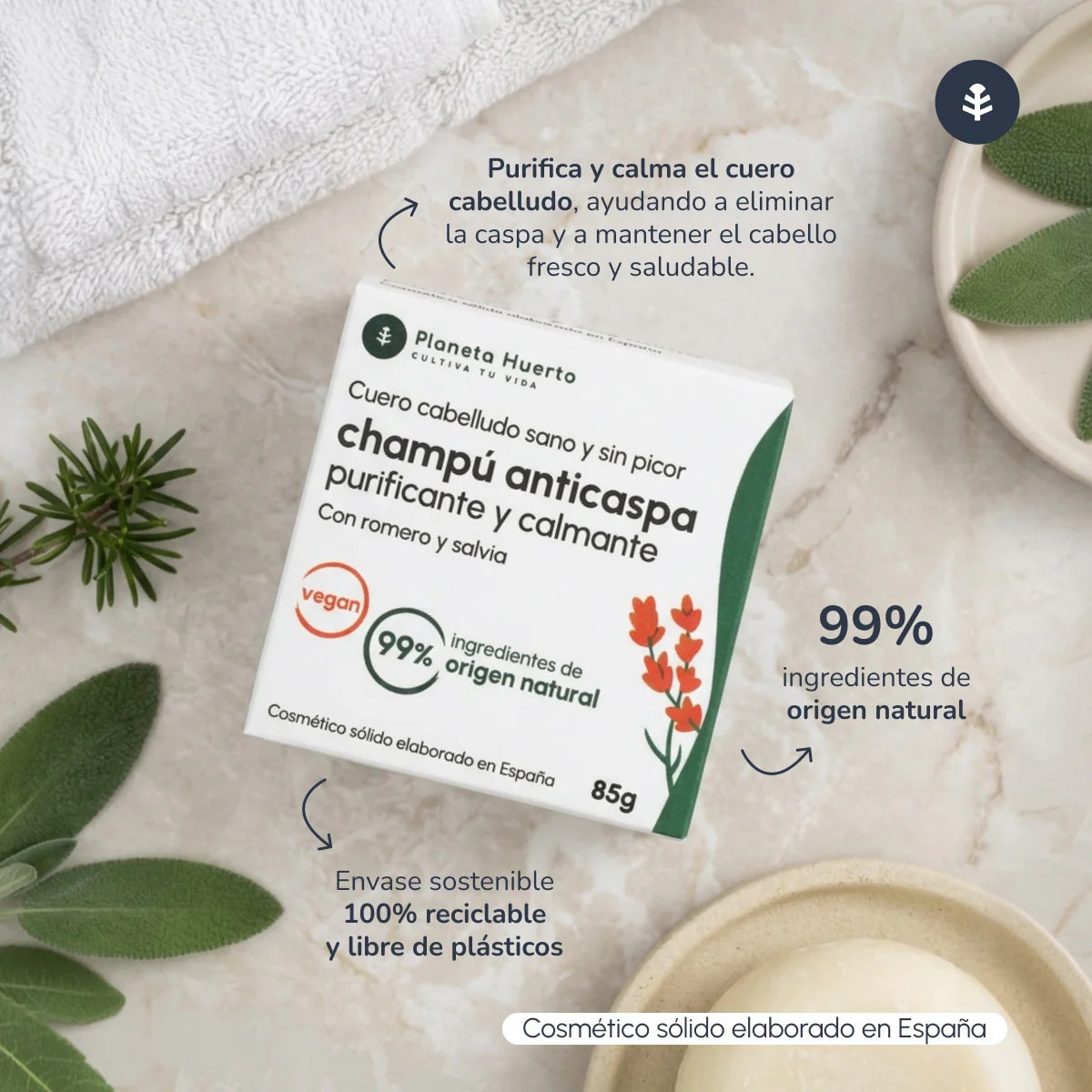 Champú sólido Anticaspa con Romero y Salvia Planeta Huerto 85 gr