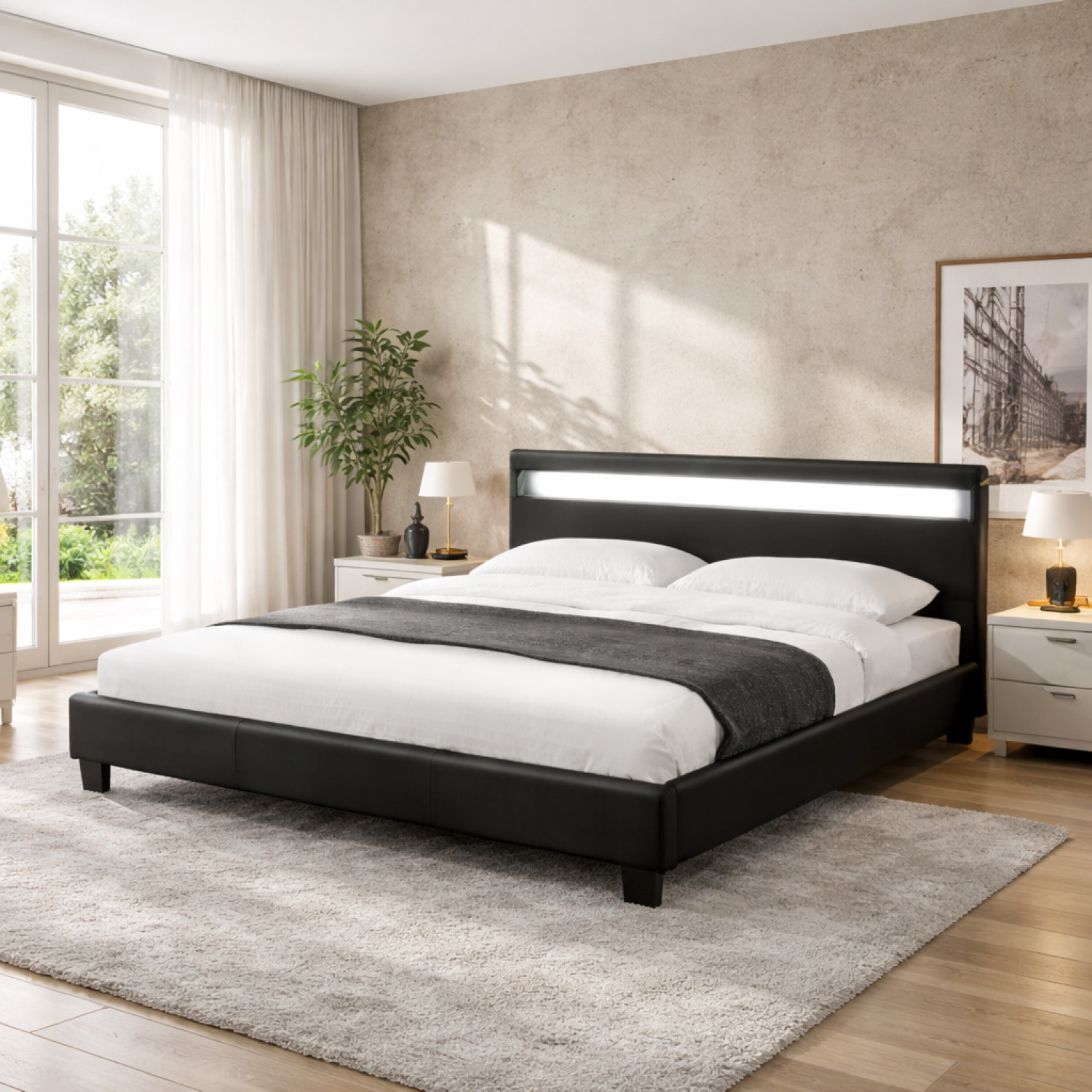 Cadre de lit avec LED 160 x 200 cm en PU noir BOSTON