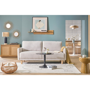 Canapé design 3 places en tissu effet velours texturé beige et bois clair BONO