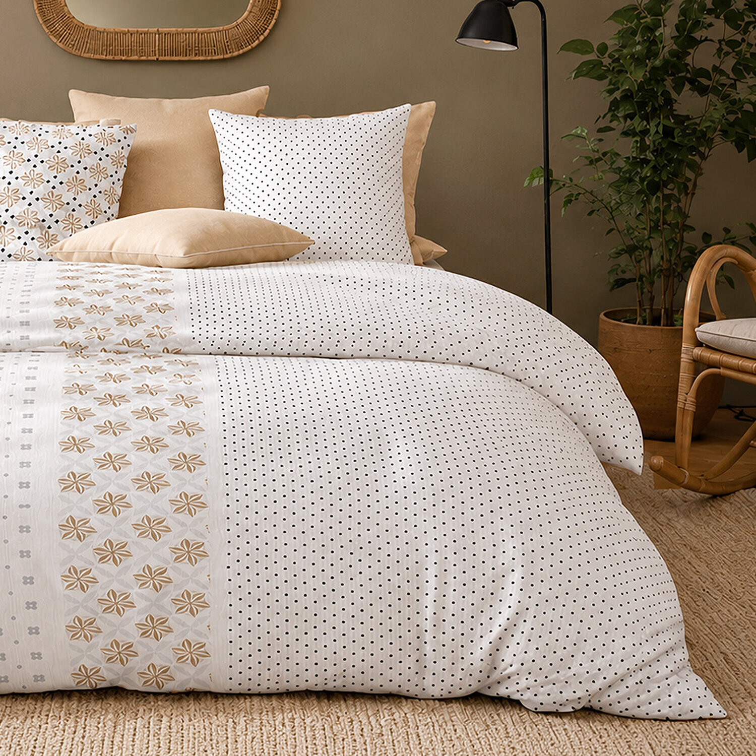 Parure housse de couette 100% percale de coton motif floral graphique - ROSALB