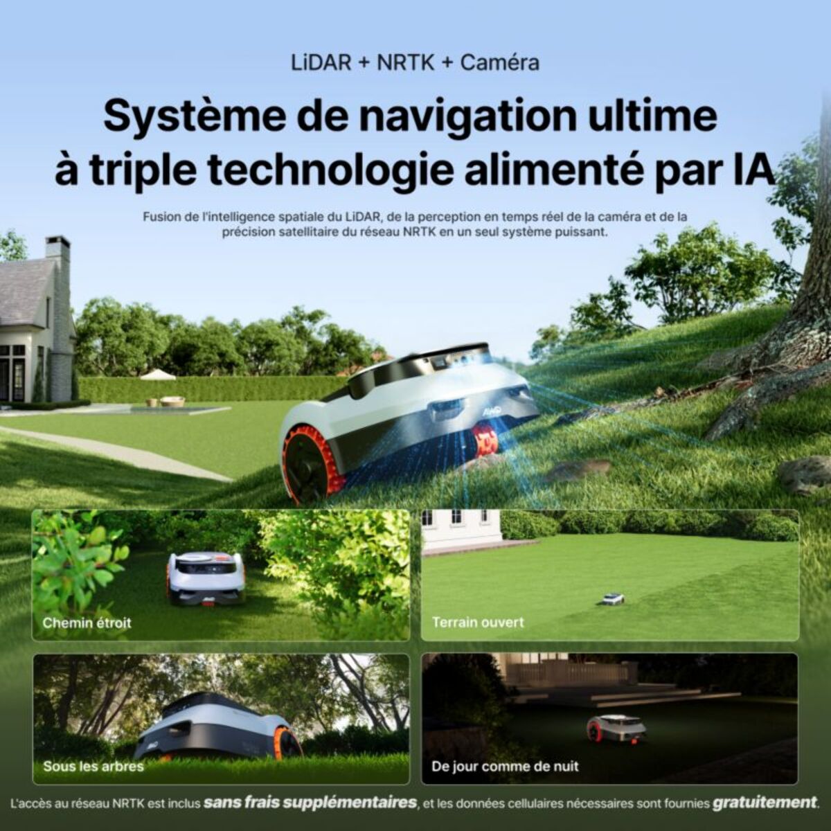 Robot tondeuse NAVIMOW i210 LiDAR Pro - sans fil périphérique ni antenne, 3 roues motrices, Pentes 55%, NRTK, 1000 m²