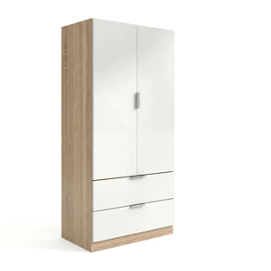 Armario de 2 puertas y 2 cajones en blanco artik y roble canadian 81,5x180 cm Lark Blanco Artik (Blanco Mate) - Roble Canadian