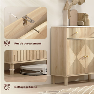 Buffet 2 portes style bois naturel plateau effet marbre blanc dim. 77 x 30 x 80 cm poignées métal doré