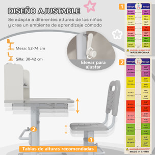 Juego de Escritorio y Silla para Niños de 6-12 Años Pupitre Infantil Altura Ajustable con 1 Cajón 1 Estante para Libros y Ángulo de Mesa Ajustable 80x54,5x82-104 cm Gris y Blanco