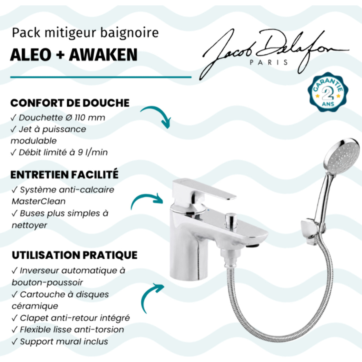 Pack mitigeur baignoire mécanique Aleo avec pommeau de douche, support et flexible chromé