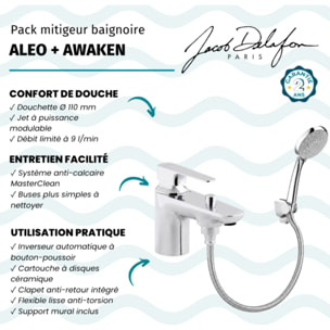 Pack mitigeur baignoire mécanique Aleo avec pommeau de douche, support et flexible chromé