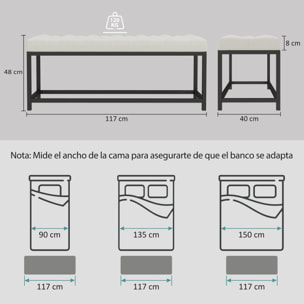 Banco Pie de Cama, Tapizado en Terciopelo, Banqueta para Dormitorio, Diseño Capitoné, Base de Metal, Banco para Dormitorio, Entrada, Salón, Recibidor, Crema