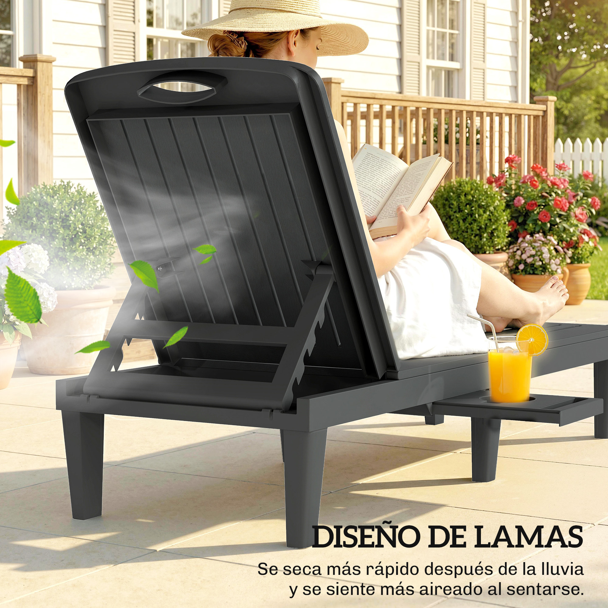 Pack de 2 Tumbonas de Jardín Exterior, Tumbonas Reclinables de Plástico PP con Bandeja Lateral, Respaldo Ajustable de 5 Niveles, Resistentes a la Intemperie, para Playa, Piscina, Gris