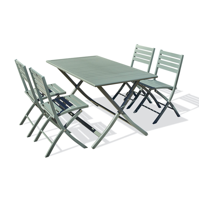 MARIUS - Ensemble repas de jardin 4 places en aluminium vert kaki