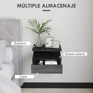 Juego de 2 Mesitas de Noche Flotantes, Mesillas de Noche Dormitorio con Cajón, Estante Abierto, para Sala de Estar, 35x32x22,5 cm, Negro Brillo