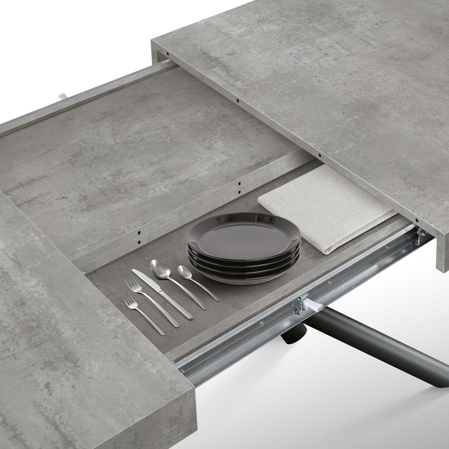 Tavolo CARRARA in legno, finitura grigio cemento e base in metallo verniciato antracite, allungabile 180×90 cm – 260×90 cm