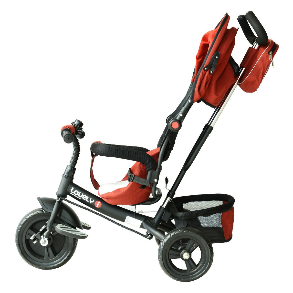 Tricycle enfants évolutif canne  et pare-soleil pliable amovible sacoche et panier 96 x 54l x 101 cm acier rouge brique noir