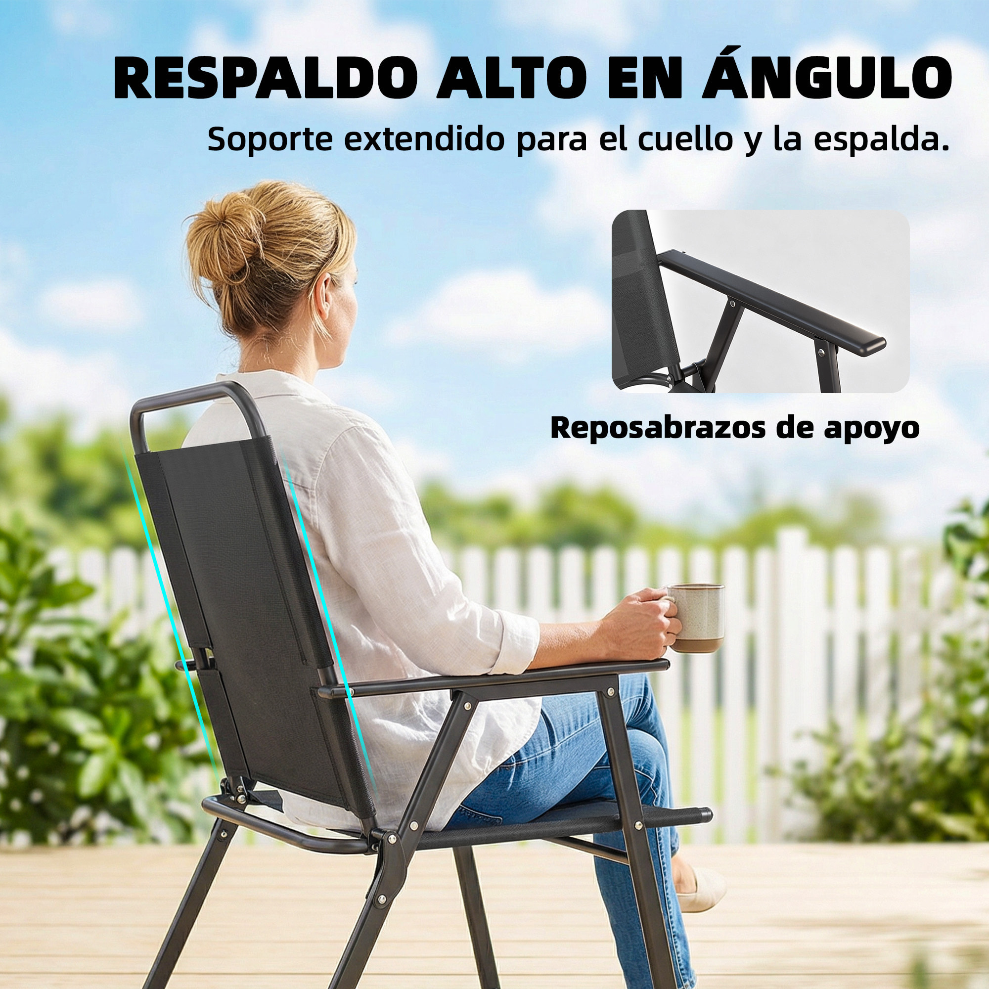 Pack de 4 Sillas de Camping Plegables, Sillas de Jardín Exterior con Respaldo Alto, Asiento Ancho y Reposabrazos, Tela Textilene Transpirable y Marco de Acero para Terraza, 65x60x94 cm, Negro