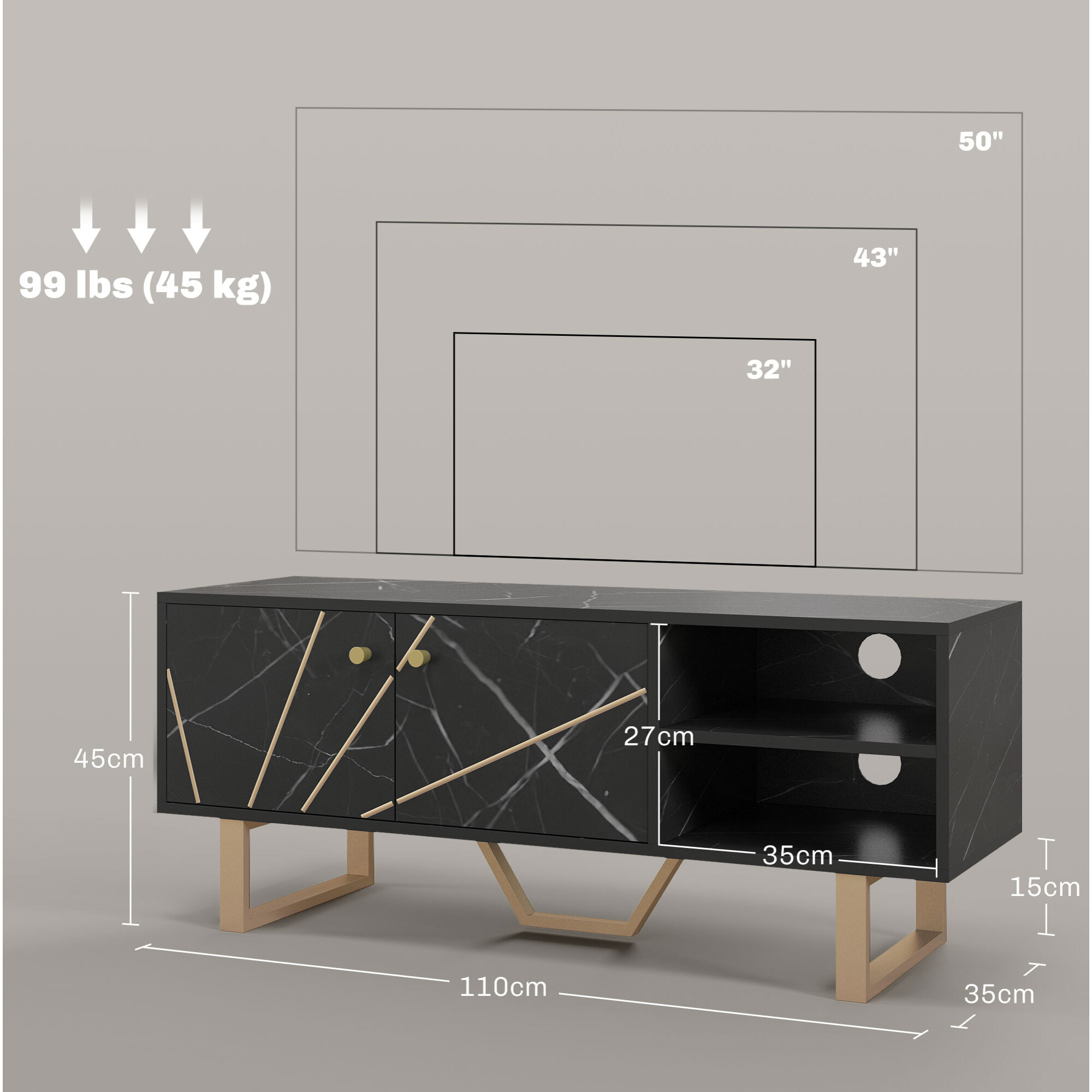 Meuble TV banc TV design - dim. 110L x 35l x 45H cm - métal doré aspect marbre noir