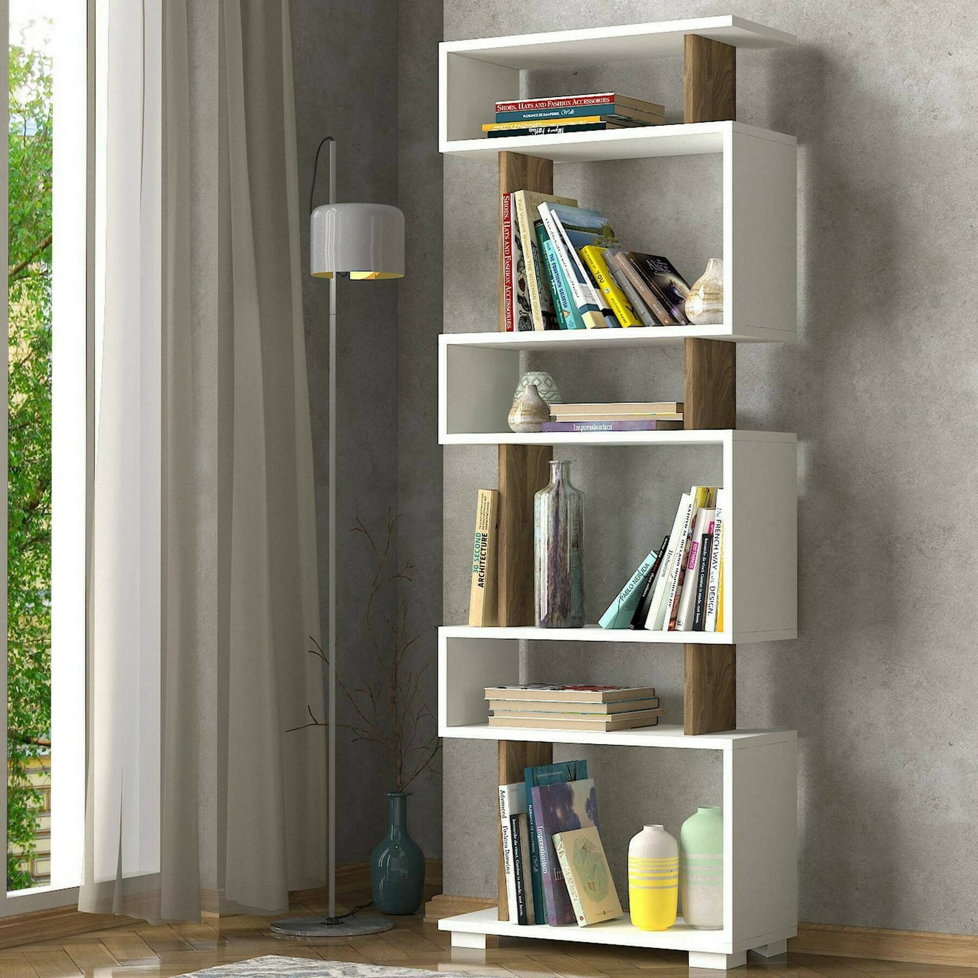 Libreria Dpeeter, Scaffale da ufficio, Mobile portalibri, Biblioteca, 60x20h165 cm, Bianco e Noce