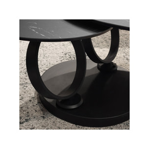 Table basse ronde plateaux en céramique gris marbré et pieds métal noir - URSULE