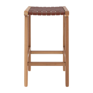 Tabouret pour îlot central 68 cm en teck et cuir tressé marron - Kuna