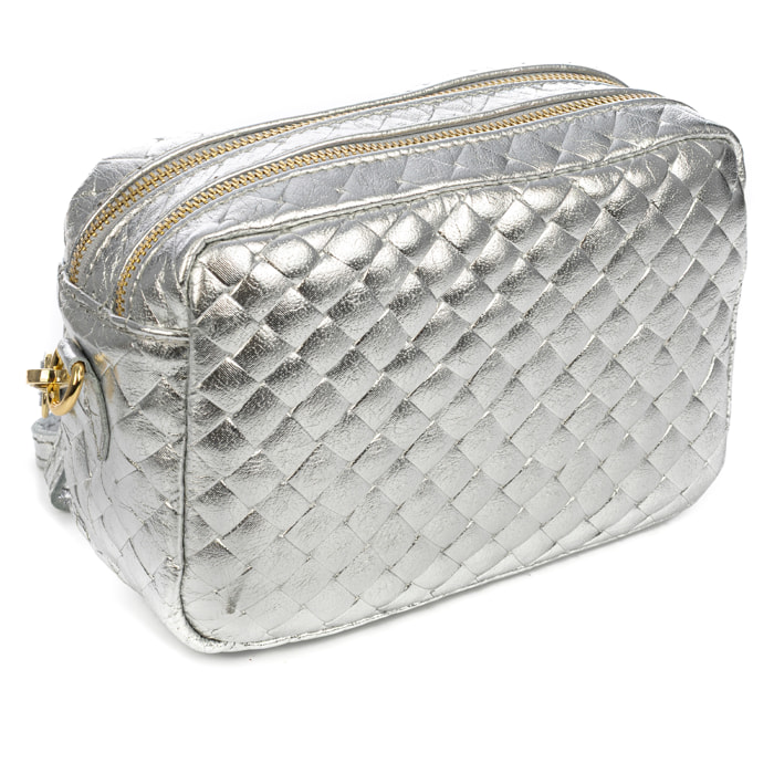 Degna bolso bandolera mujer. Piel auténtica Gamuza con grabado entrelazado y lacada brillante.