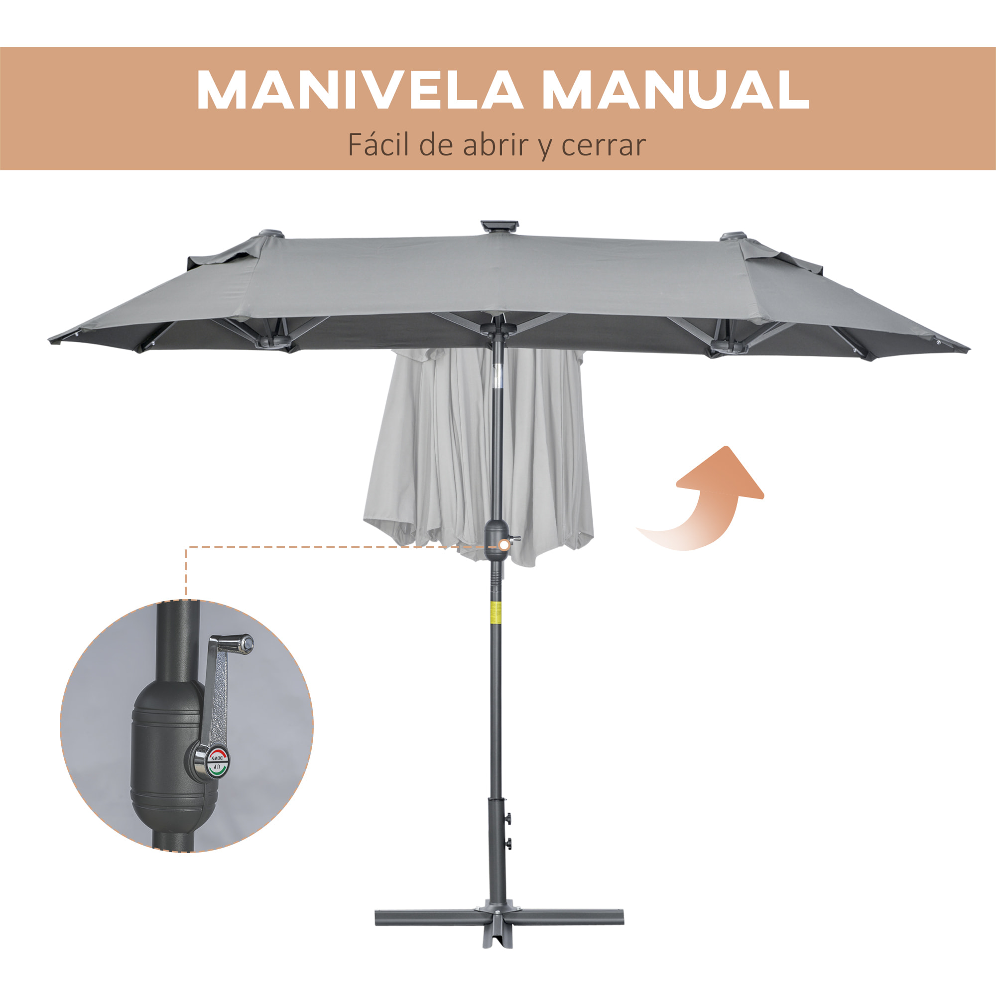 Outsunny Sombrilla Doble 295x150x219 cm Sombrilla de Jardín con Luces LED Solares Techo con Inclinación Ajustable y Manivela Manual para Patio Piscina Playa Gris