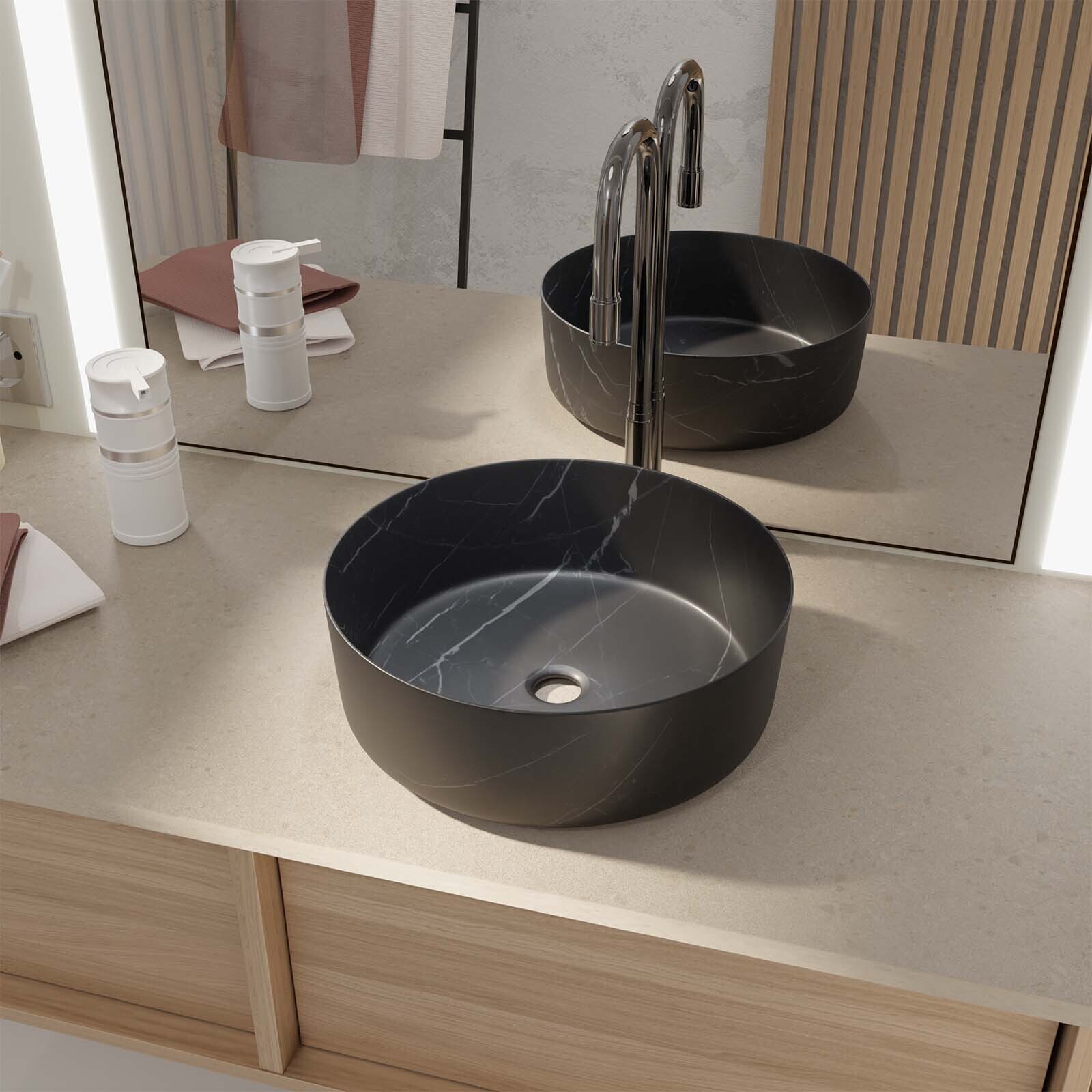 Vasque à poser ronde en céramique noire mat effet marbre 36x12 cm - BLACK MARBLE