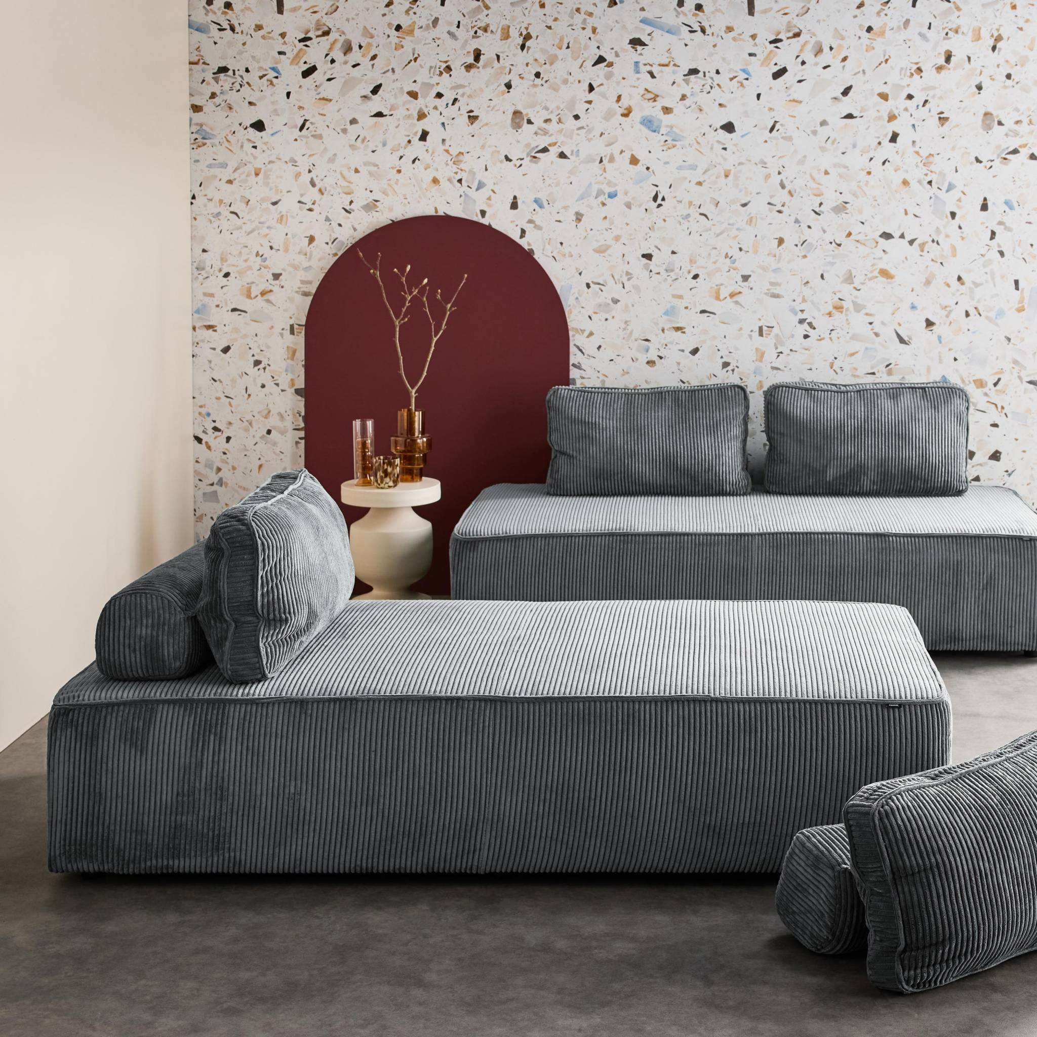 Lot de 2 chauffeuses LAO 2 places pour canapé modulable velours côtelé gris foncé. L 180 x P 90 x H 78cm