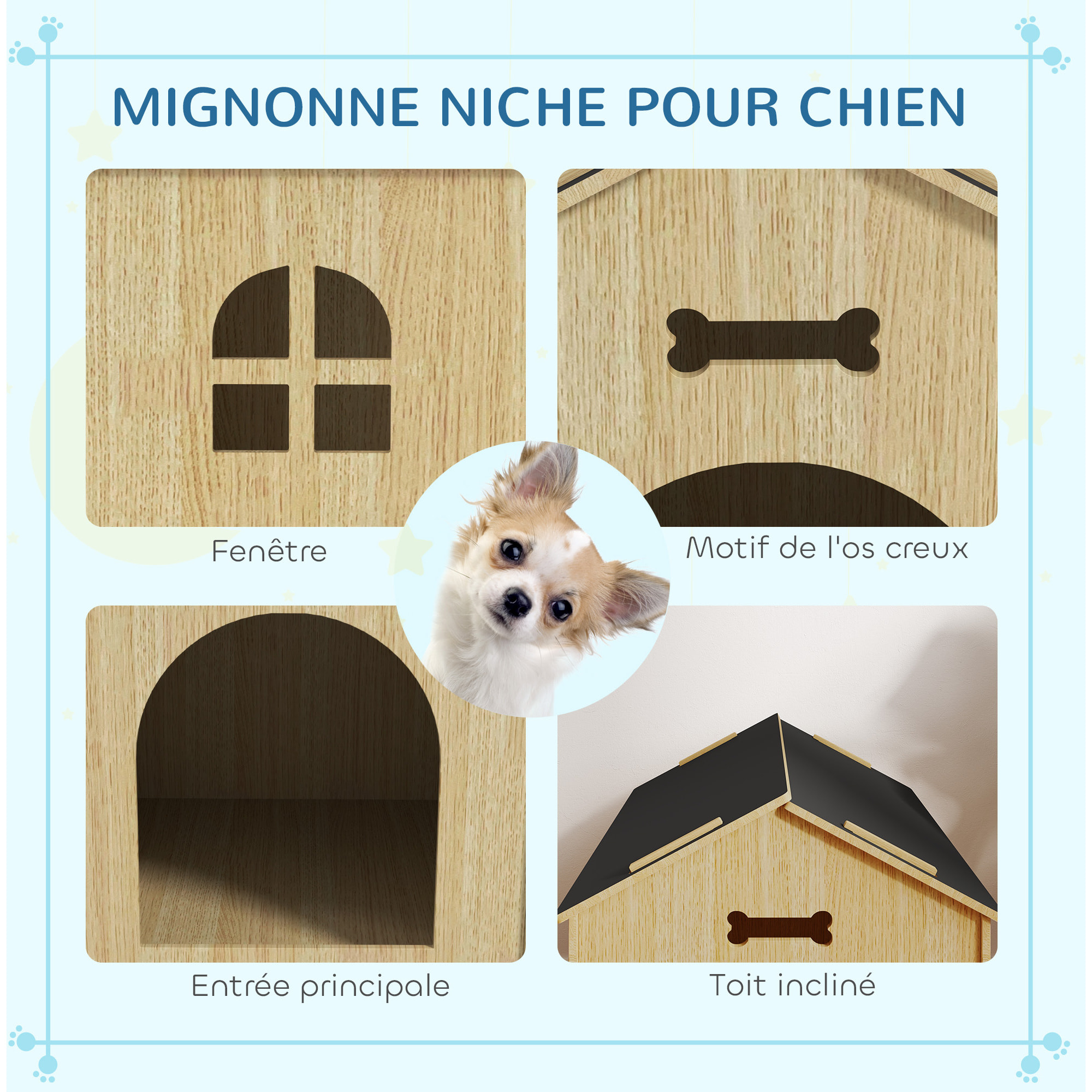 Niche intérieure en kit motif os - niche en bois intérieur - pour petits chiens - grande entrée, fenêtre - effet bois noir