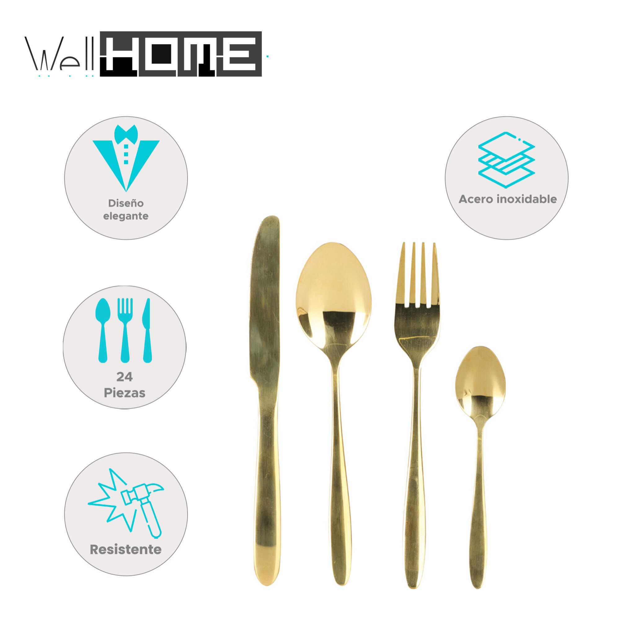 Juego de 24 Cubiertos de Acero Inoxidable con revestimiento dorado
