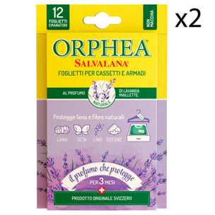 2x Orphea Salvalana Foglietti Cassetti e Armadi Protegge Lana e Fibre Naturali Lavanda Maillette - 2 Confezioni da 12 Foglietti