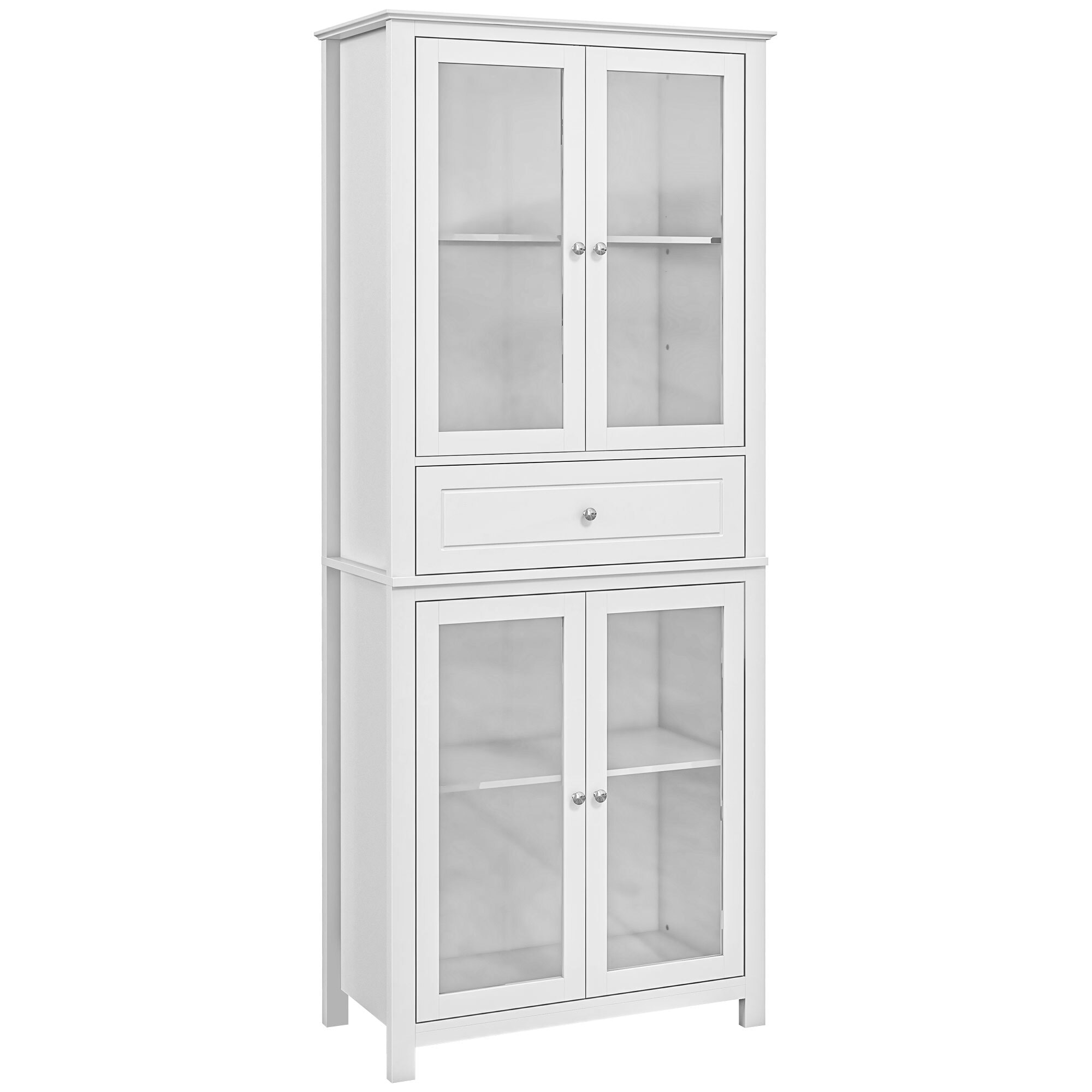 Alacena de Cocina Mueble Vitrina con 4 Puertas de Vidrio Templado Cajón y Estantes Ajustables para Salón Comedor 74x35,5x181,5 cm Blanco