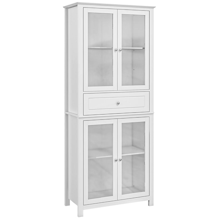 Alacena de Cocina Mueble Vitrina con 4 Puertas de Vidrio Templado Cajón y Estantes Ajustables para Salón Comedor 74x35,5x181,5 cm Blanco